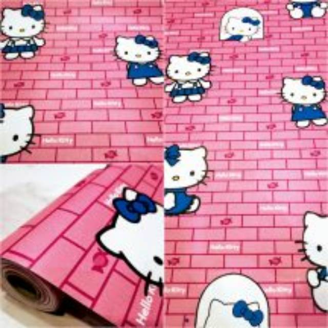 Grosir walpaper stiker dinding 3d motif cartoon hello kitty warna merah muda