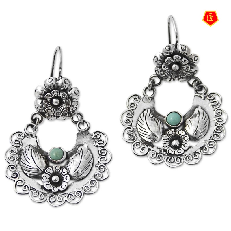 [Ready Stock]S925 Silver Vintage Inlaid Turquoise Flower Earrings