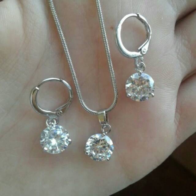Set Perhiasan Kalung Anting Lapis Emas Putih Batu Zircon AAA KA23