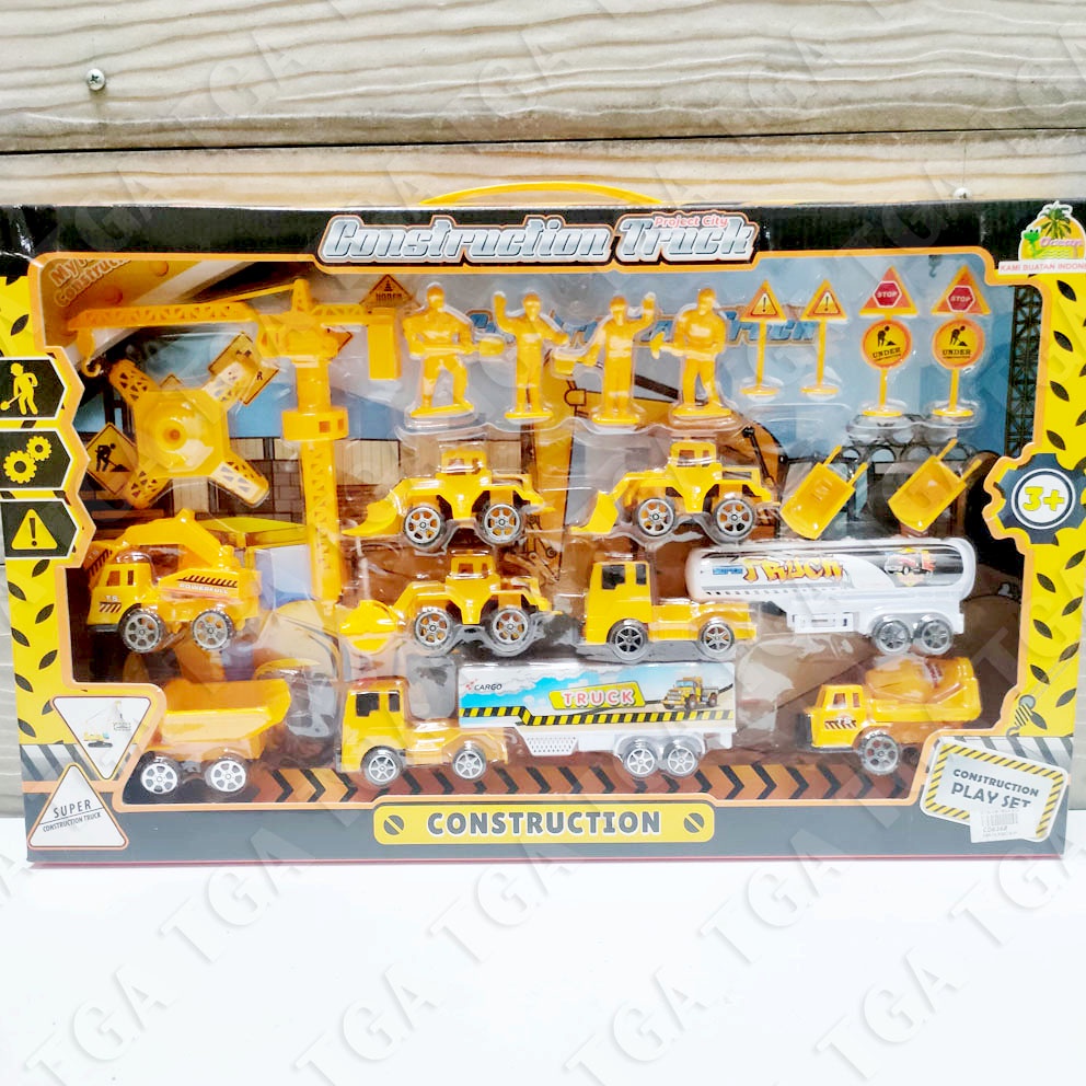 Project City Construction Truck 6368 Mainan Truk Konstruksi Mini Tower Crane Roller Excavator Lengkap Box Besar Cocok untuk Hadiah