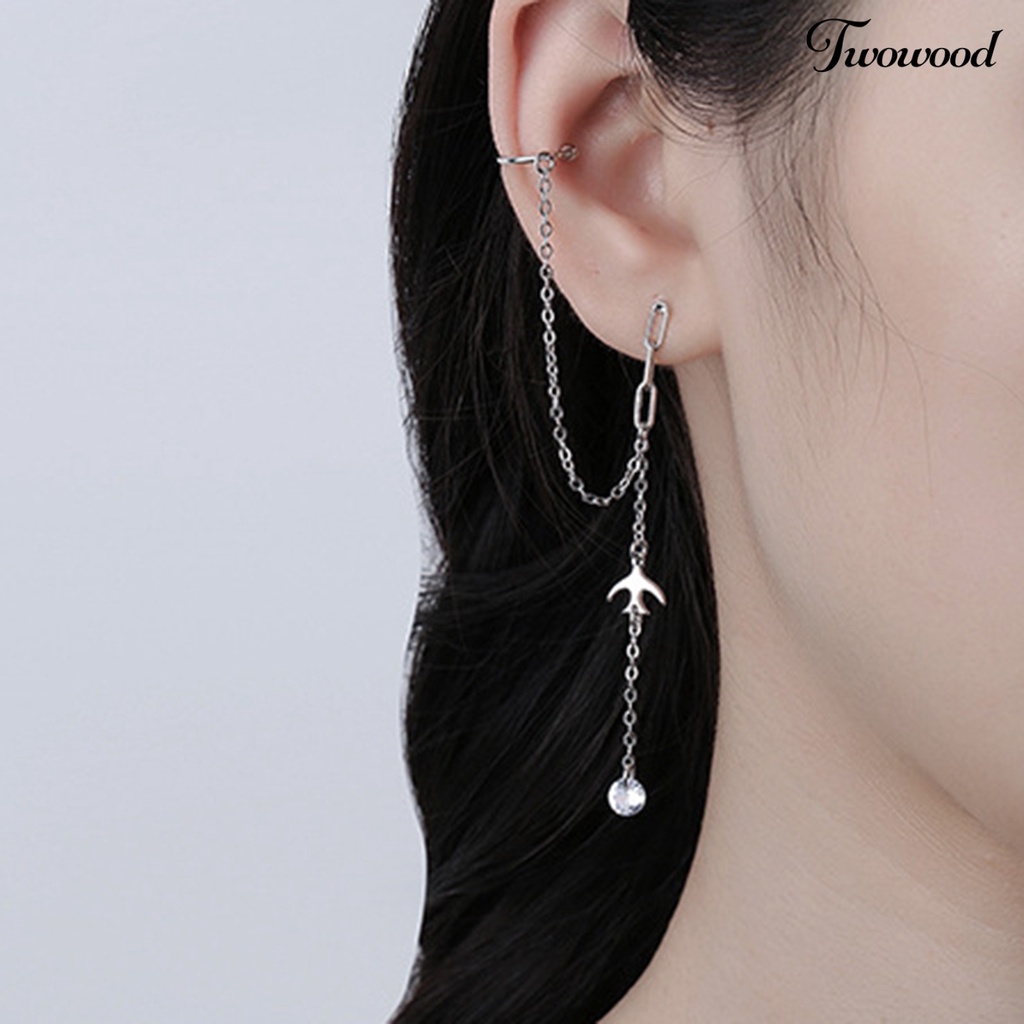 Twowood 1Pc Women Earring Small Bird Long Tassel Jewelry Rhinestone Shiny All Match Dangle Earring Ear Cuff for Dating