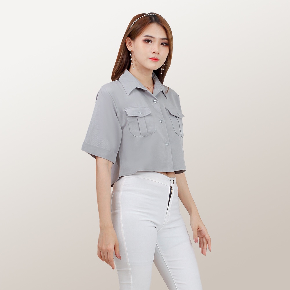 Kemeja cropped lengan pendek wanita gaya Korea variasi kantong warna model terbaru  - XSHOP Lihua