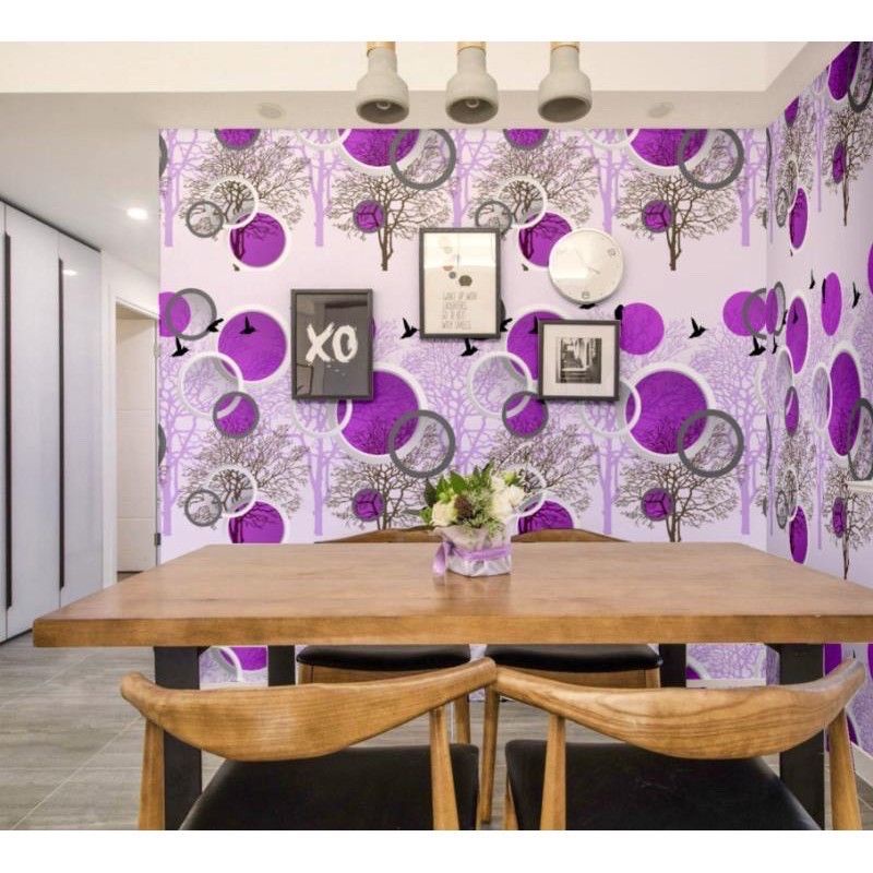 ( BELI 4 GRATIS 2 )Terlaris Wallpaper Sticker Wallpaper Dinding Ruang Tamu Motif Polos | Putih Salur Bunga | Cream | Abu Ungu Kuning Hijau Coklat Merah Pink Biru Batik Bunga Kembang Batu Bata 3D Kotak Segitiga Minimalis Garis Emas Tua Muda Murah-Pohon Polkadot Ungu