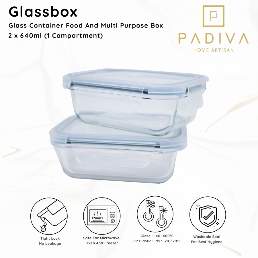 Padiva 640ml (2pcs) Glassbox 1 compartment - Kotak Kaca Microwave tahan panas Glass box 640 ml Tempat Bekel