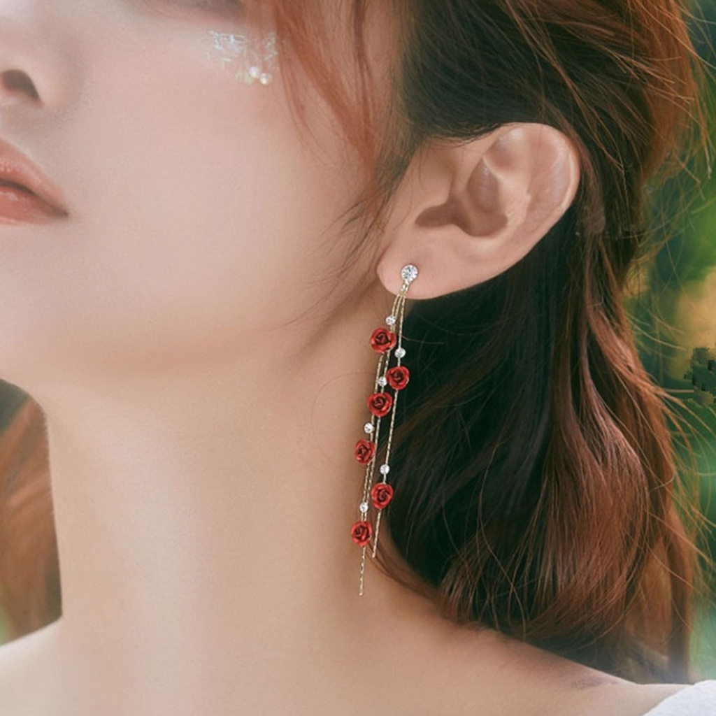 Hu Hu Hu Hu Hu Alat Bantu Pasang Kacamata♡ 1 Pasang Anting Rumbai Panjang Desain Bunga Mawar Aksen Berlian Imitasi Untuk Wanita