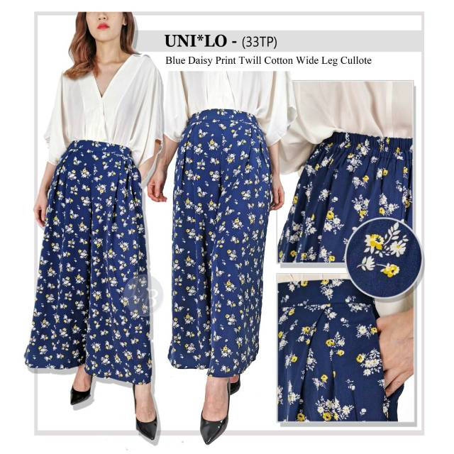 UNIQLO KULOT  BY GU   blue daisy print twill cotton wide leg cullote