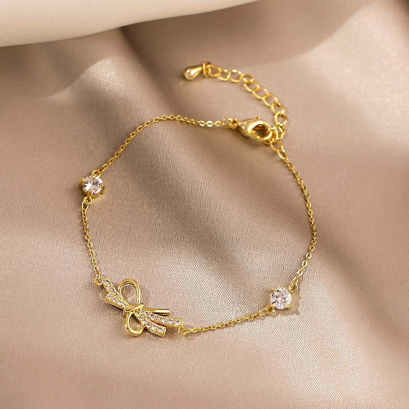 Gelang Rantai Dengan Charm Pita Aksen Kristal Zirkonia Untuk Wanita