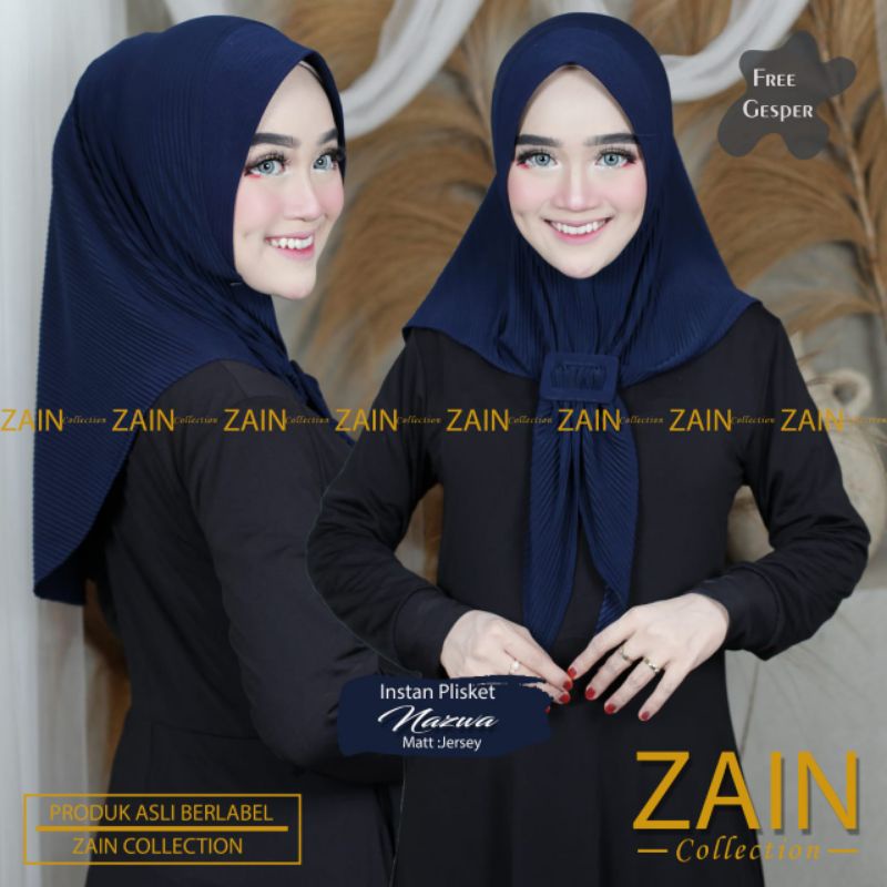 Jilbab Instan Plisket Nazwa Free Belt Ori Zain Collection-Navy