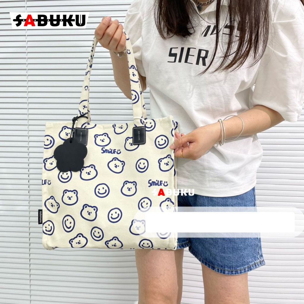 Tas Selempang Fashion Wanita Korea Totebag SMILE Bahan Kanvas Resleting Motif Carakter Korea Style Multifungsi -253