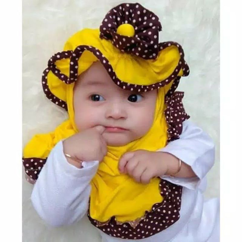 JILBAB ANAK TOPI LIST POLKA 0-3 TAHUN BAHAN JERSEY ADEM KERUDUNG BAYI HIJAB INSTAN