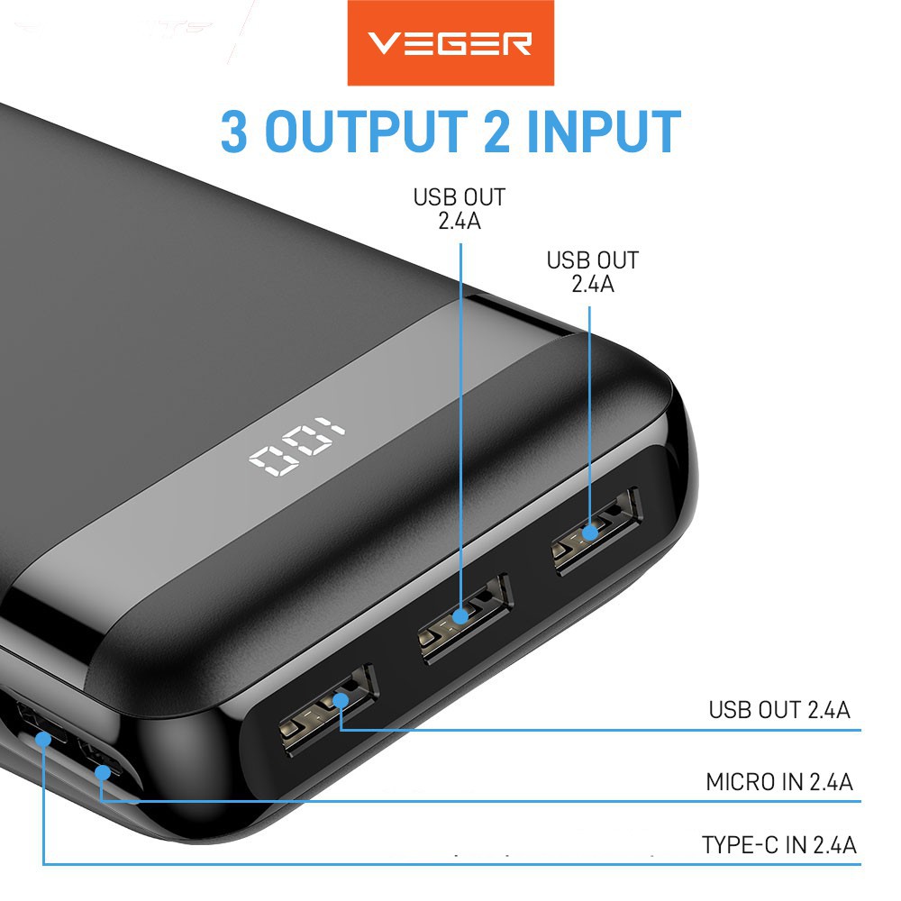 VEGER Powerbank V31 30000mAh 3 USB Output 2.4A LED Digital Display