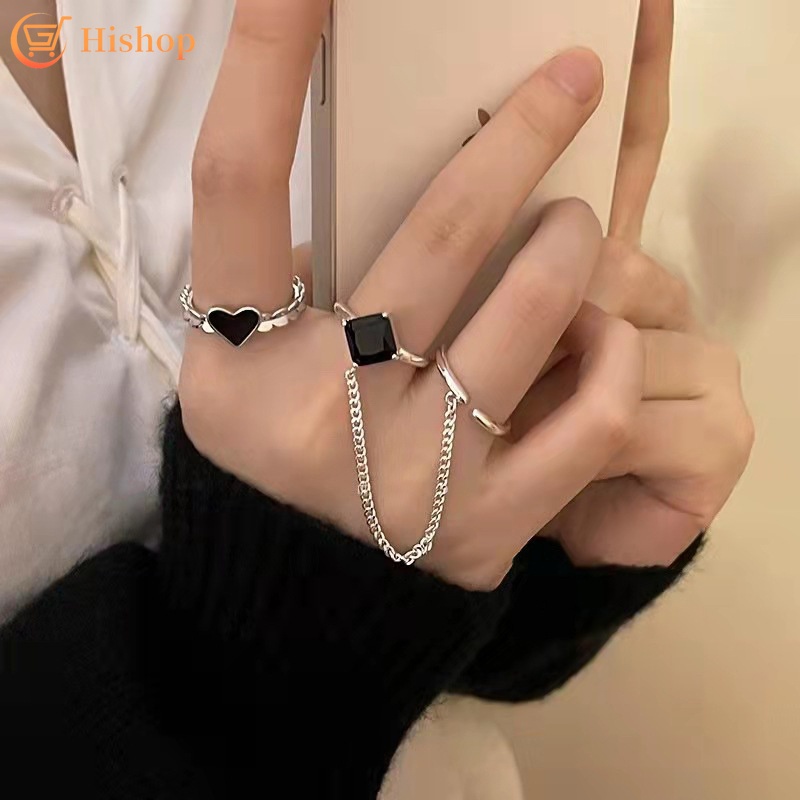 Set Cincin Kristal Hitam Bentuk Hati Untuk Wanita