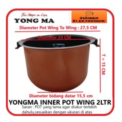 Panci Teflon Inner Pot Magic Com Yong Ma 2 Liter Wing Original Eco Ceramic