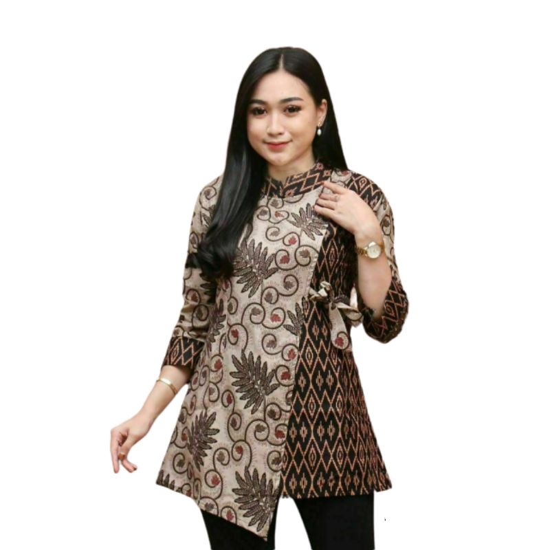 tey-17 Batik wanita ASJ SA HRB026 Kenongo Kemeja Tosca Pendek-Wajik Alam Coklat
