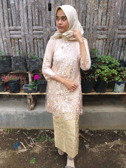 Baju kurung tulle bordir 3D krem