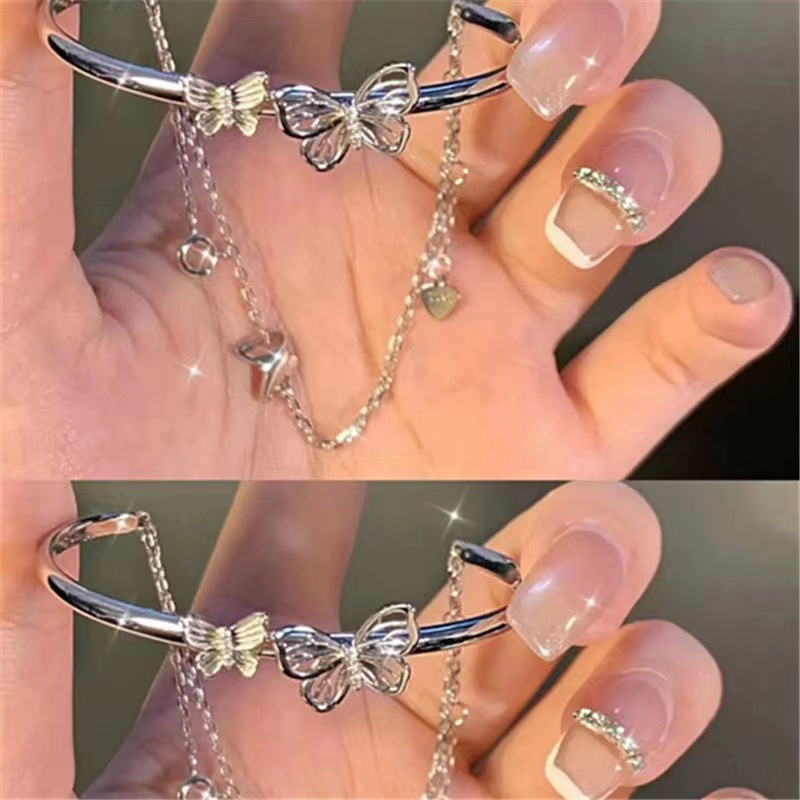 Gelang Rantai Lapis Ganda Desain Butterfly Heart Warna Silver Untuk Wanita