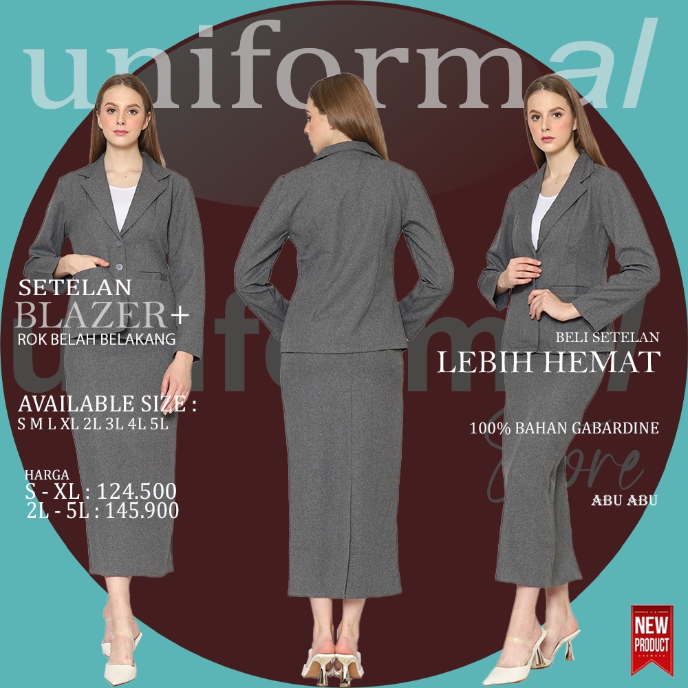 Setelan Blazer Dan Rok Set Panjang BELAH BELAKANG Wanita, Blezer Hitam Abu S - XL Stelan Perempuan Formal Kantor Kerja Korea Bahan Gabardine Import READY STOCK