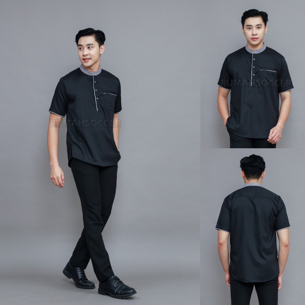 Baju Koko Pria AKHTAR Lengan Pendek Atasan Muslim Pria Dewasa Polos Bahan Katun Adem Tersedia Ukuran S M L XL XXL