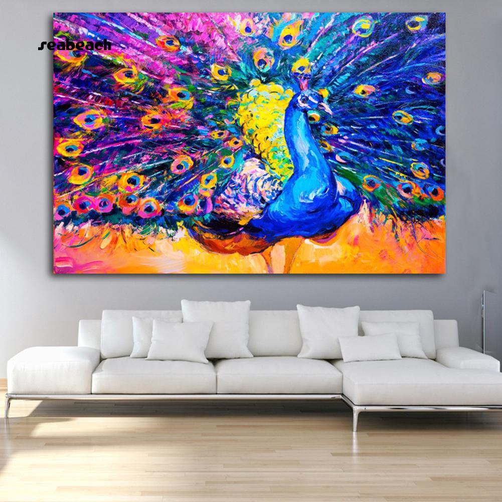 Seabeach Colored Drawing Peacock Bedroom Wall Art Decor Unframed Canvas Painting