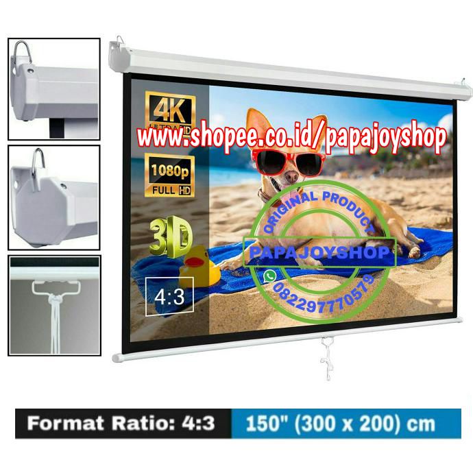 Layar Proyektor Manual 150" (3 x 2) Meter Screen Gantung Manual 150 inch Format 4:3