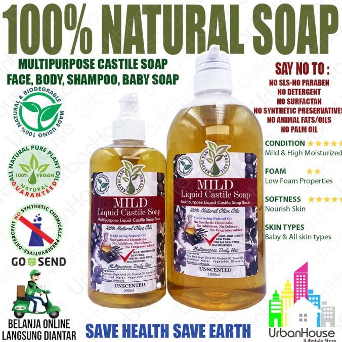 Natural Vegan Castile Soap - Mild Unscented Sabun Cair Castile Alami