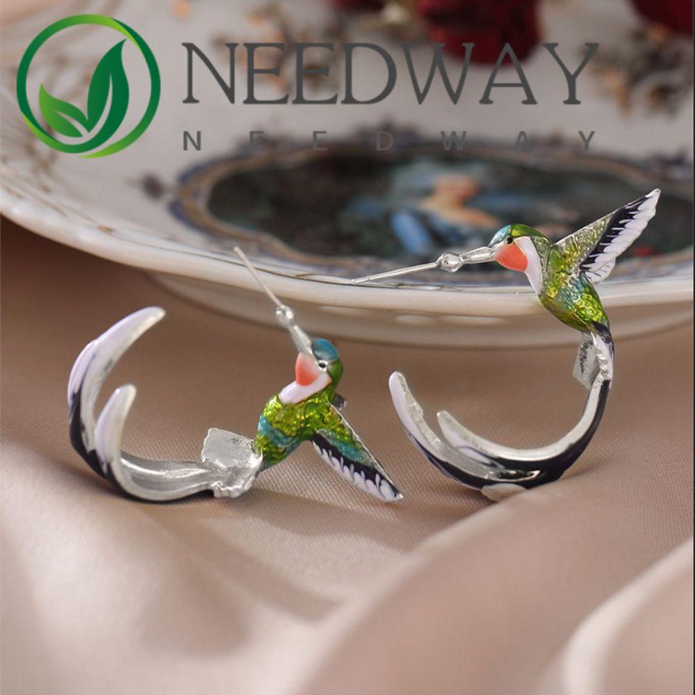 Needway  Individuality Stud Earrings Transparent Painting Hummingbird Earrings Cute 1Pair Enamel Fashion Female Copper Dripping Oil/Multicolor