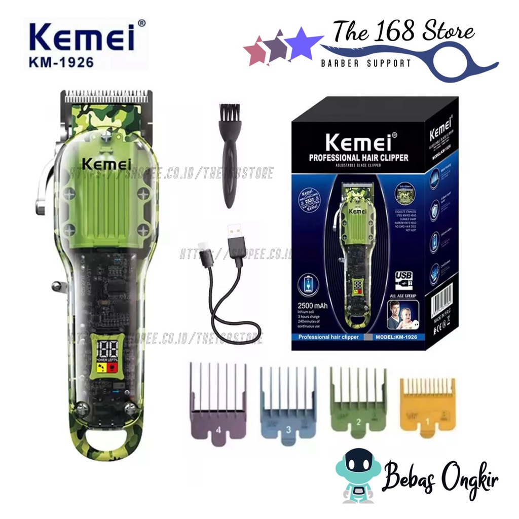 Kemei KM 1926 Alat Cukur Rambut Hair Clipper Electric Professional Power Turbo Transparan LCD Displa