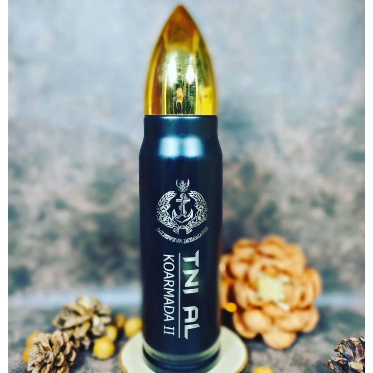 Tumbler Model Peluru Desain Grafir Nama dan Logo Botol TNI