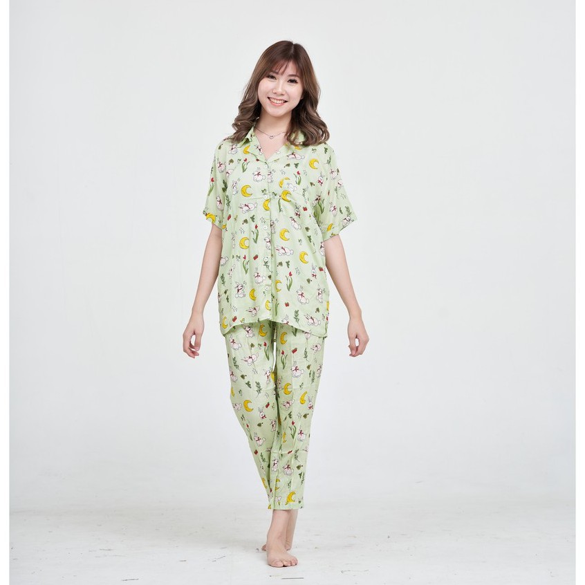 IZANY Piyama CP allsize One Set Rayon Import / Daily Set / Tie dye-RABBIT PITA GREEN