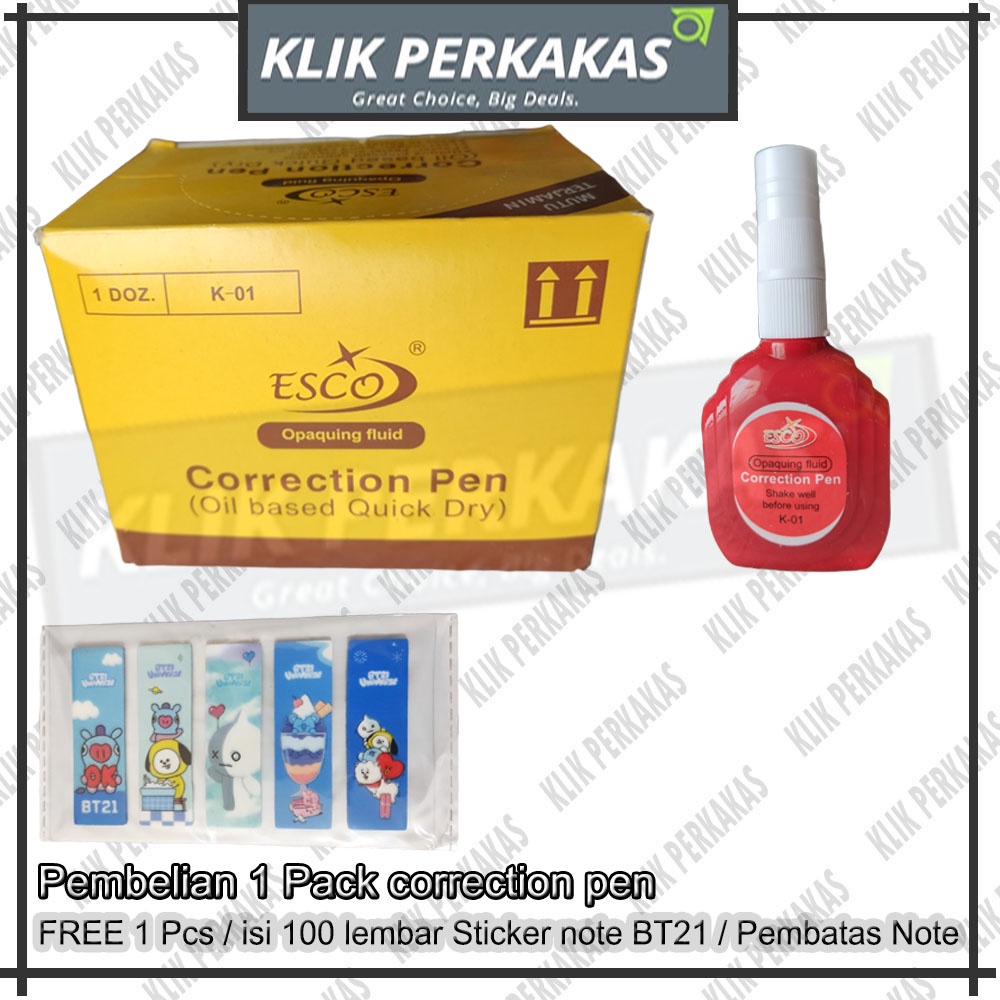 1 LUSIN TIP EX ESCO Free Sticky Note BTS/ CAIRAN KOREKSI TIPX / Correction Liquid (Tip-Ex) Botol Merah ESCO / Penghapus tinta