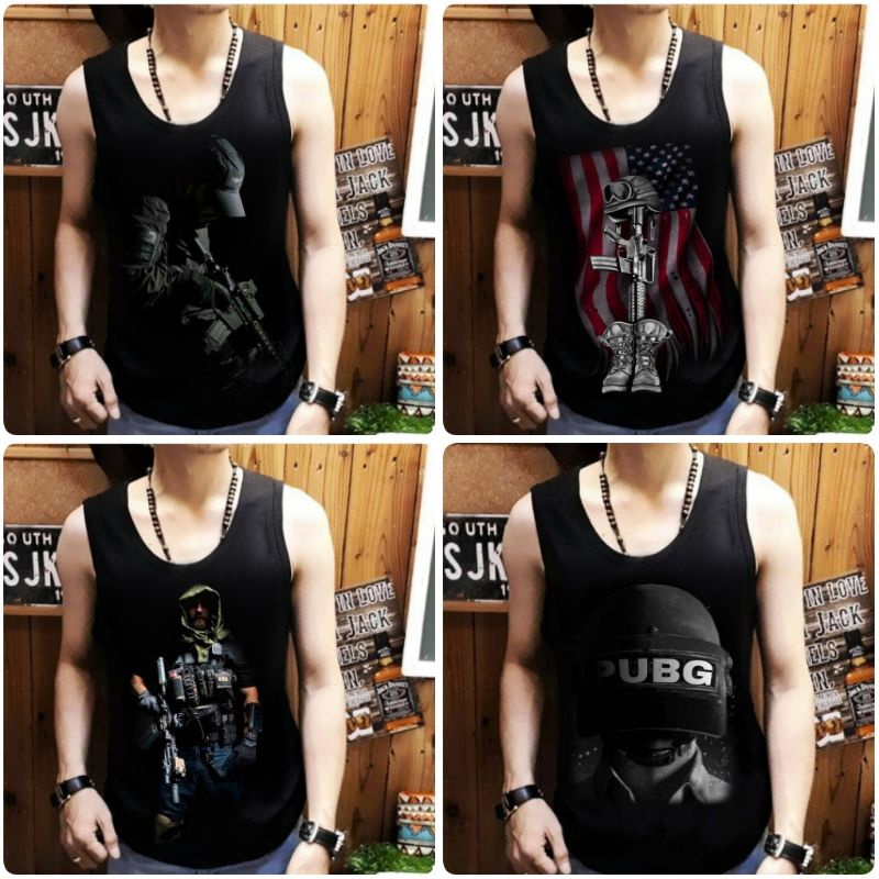 Singlet Pria Katun Combed Tebal Motif Bendera Tanktop Dalaman Nyaman Dipakai Sehari-hari Hitam Putih