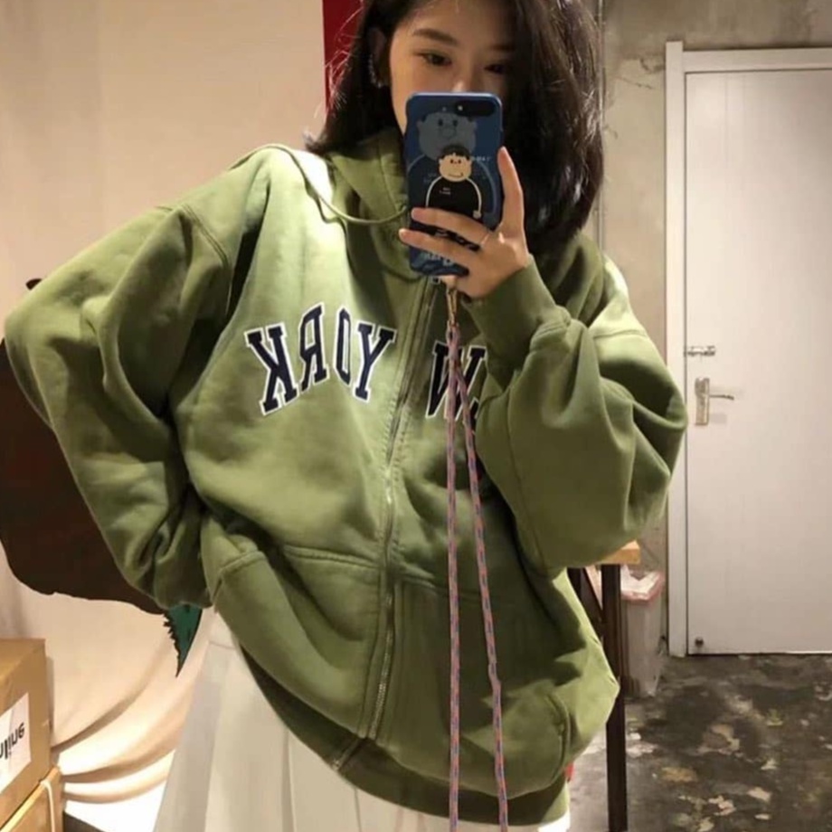 [ COD ] New York Zipper Hoodie Outerwear Fit XL Besar Oversize Sweater Unisex Wanita Pria Cowok Matt Fleece Tebal