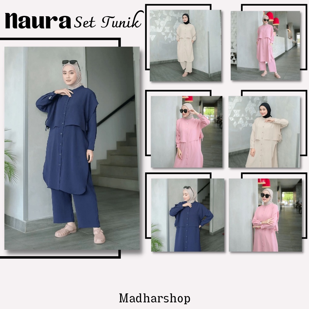 Naura Set Setelan Celana + Tunik Full Kancing Depan Bahan Airflow Crinkle Premium Polos Size XL Ld 110 Jumbo / One Set Celana dan Tunik Wanita Remaja Belah Samping / Setcel Atasan dan Bawahan Wanita Kekinian 2022 / Stelan Long Tunik Terbaru