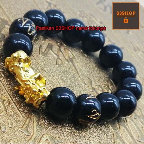 Gelang Batu Naga Model Pixiu Black Gold Pria dan Wanita Manik Manik