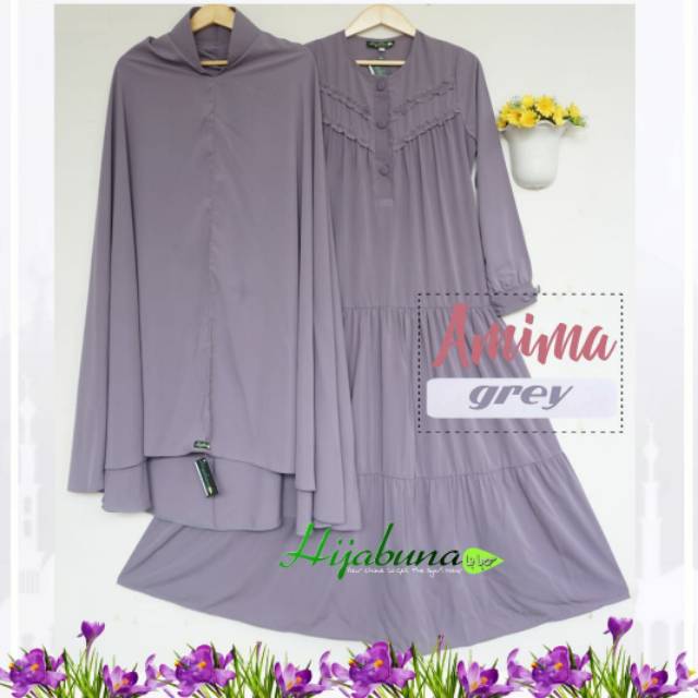 (Free Cadar Tali) Set Gamis Syari Amima Grey Hijabuna
