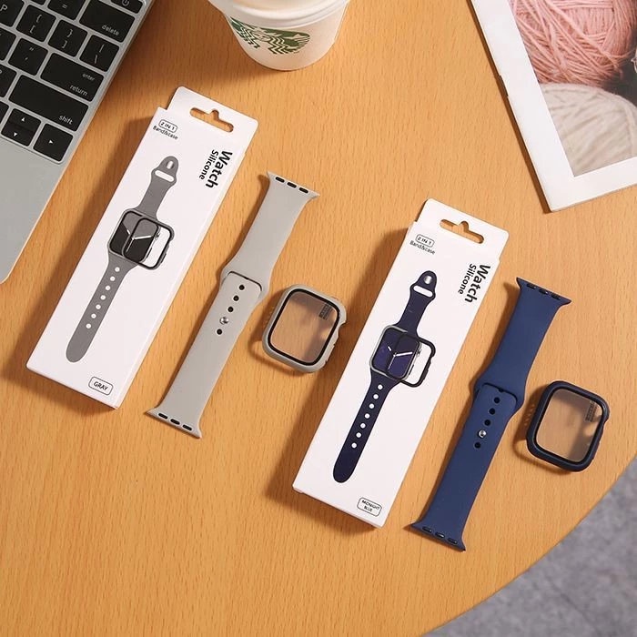 ( TANPA JAM ) &quot; FULLSET 2 IN 1 &quot; TALI STRAP APPLE WATCH BASIC + TEMPERED GLASS CASE COVER - SERI 1 2 3 4 5 6 7 8 SE ULTRA | SIZE 38mm 40mm 41mm 42mm 44mm 45mm 49mm | sport band iwatch full color rubber silicone