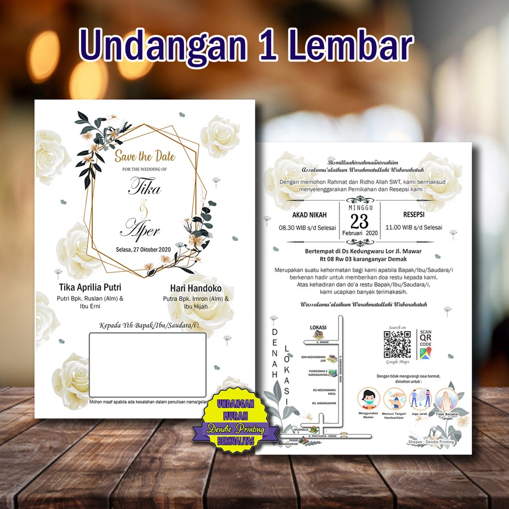Undangan 1 Lembar Murah (Bahan BC 150gsm)