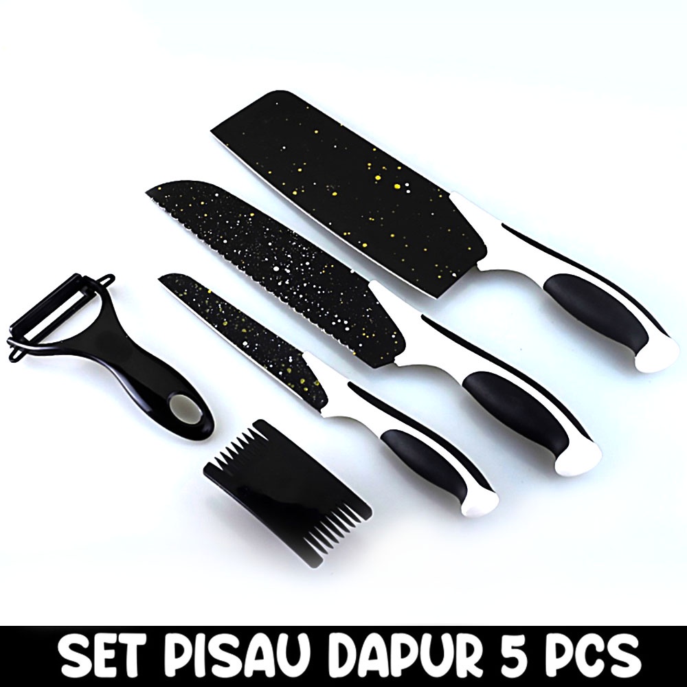 Pisau dapur set 5 pcs hitam batu maifan marble J13