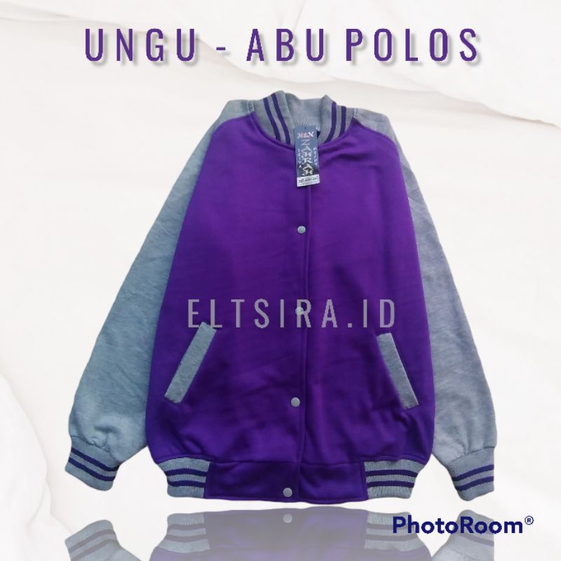 Jaket Varsity Baseball Polos / Jaket Pria Wanita Terbaru || UNGU - ABU MUDA