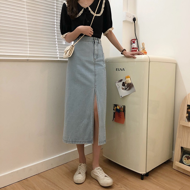 [chaoo.id]Rok dres a-line skirt Rok panjang denim a-line skirt Korean style midi slit