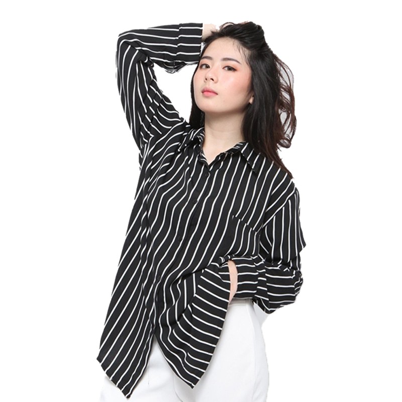 Kemeja Wanita Salur Atasan Blouse Monalisa Stripe Lengan Panjang Korean Style Motif Garis Garis Wolfis-2