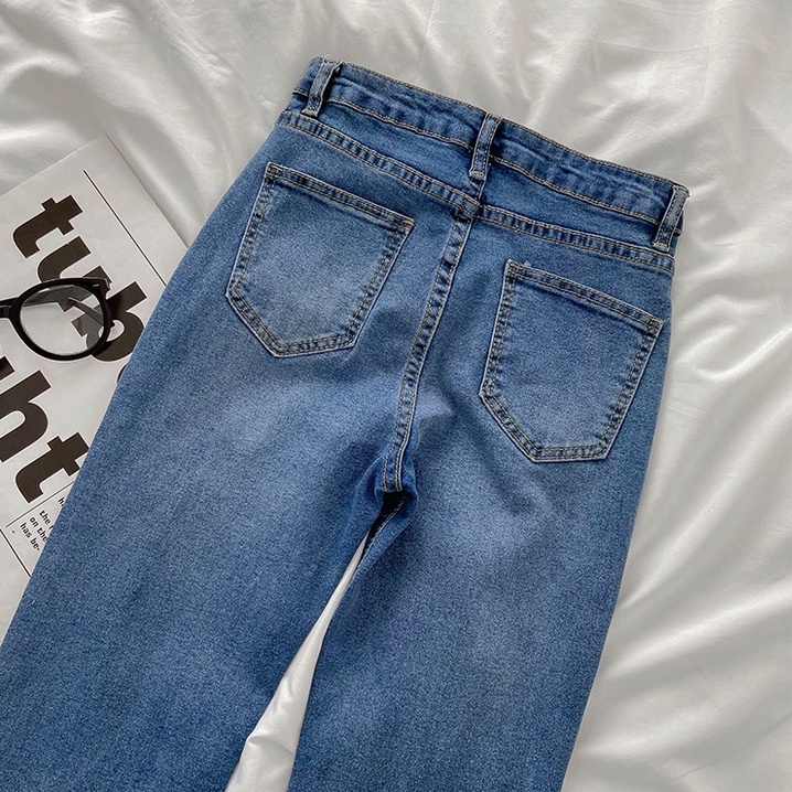 Biru Korean Highwaist Seksi Melar Straight Celana Jeans Panjang Wanita