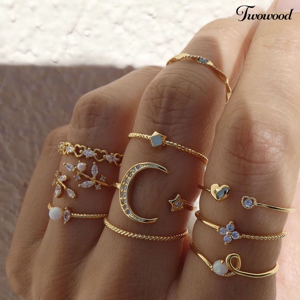 Twowood 10Pcs Metal Ring Irregular Exquisite Alloy Cubic Zirconia Jewelry Ring for Daily Wear