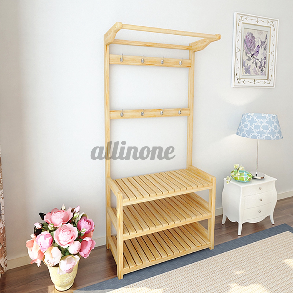 Garment Hanger Shoe Rack Clothes Storage Stand Coat Bag Hat Wooden Shelf Holder Shopee Indonesia