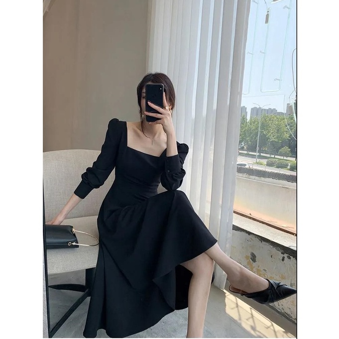 Dress Maxi A-line Guan Lengan Panjang Hitam Fashion Wanita Korean Retro Style