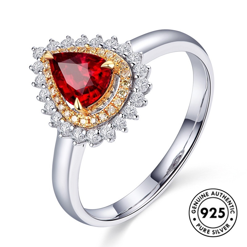 Cincin Sterling Silver 925 Model Tetesan Air Dengan Ruby Elegan Untuk Wanita