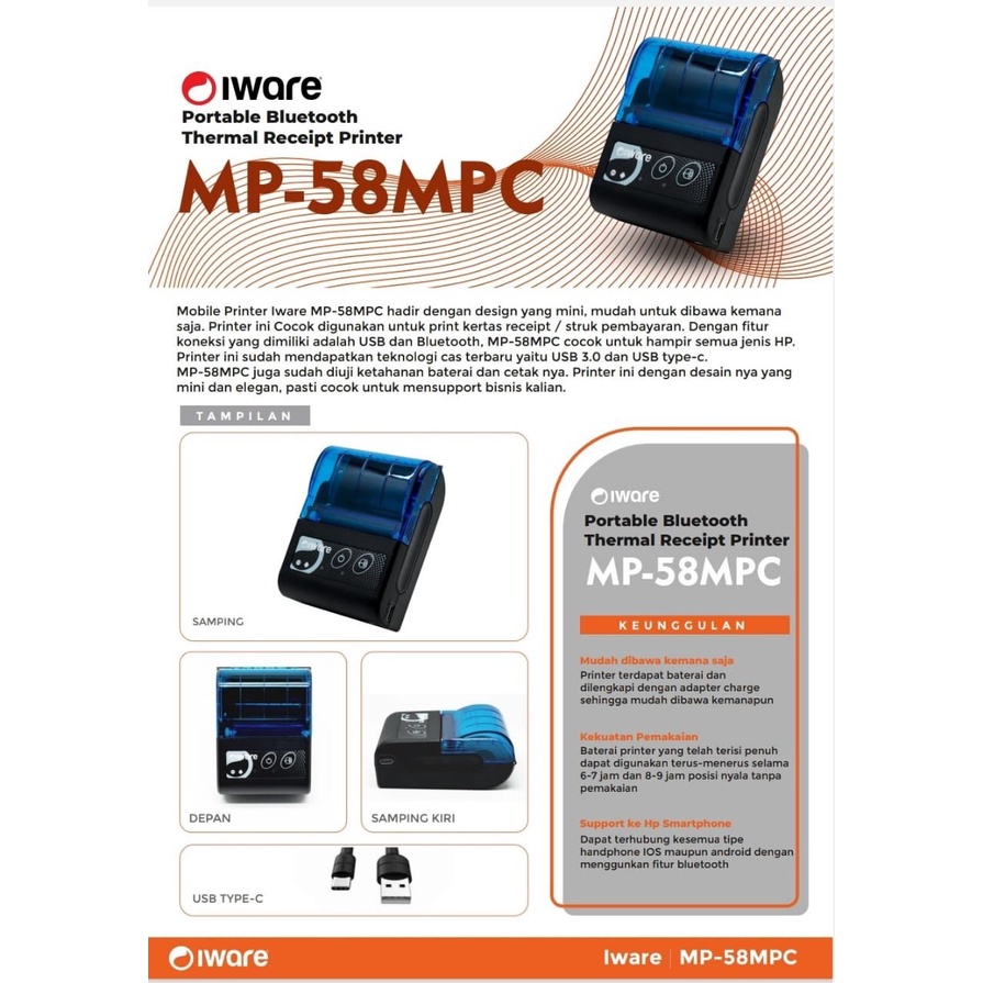 Mobile Printer Thermal Receipt IWARE C58MP -MP-58MPC USB Bluetooth 58MPC