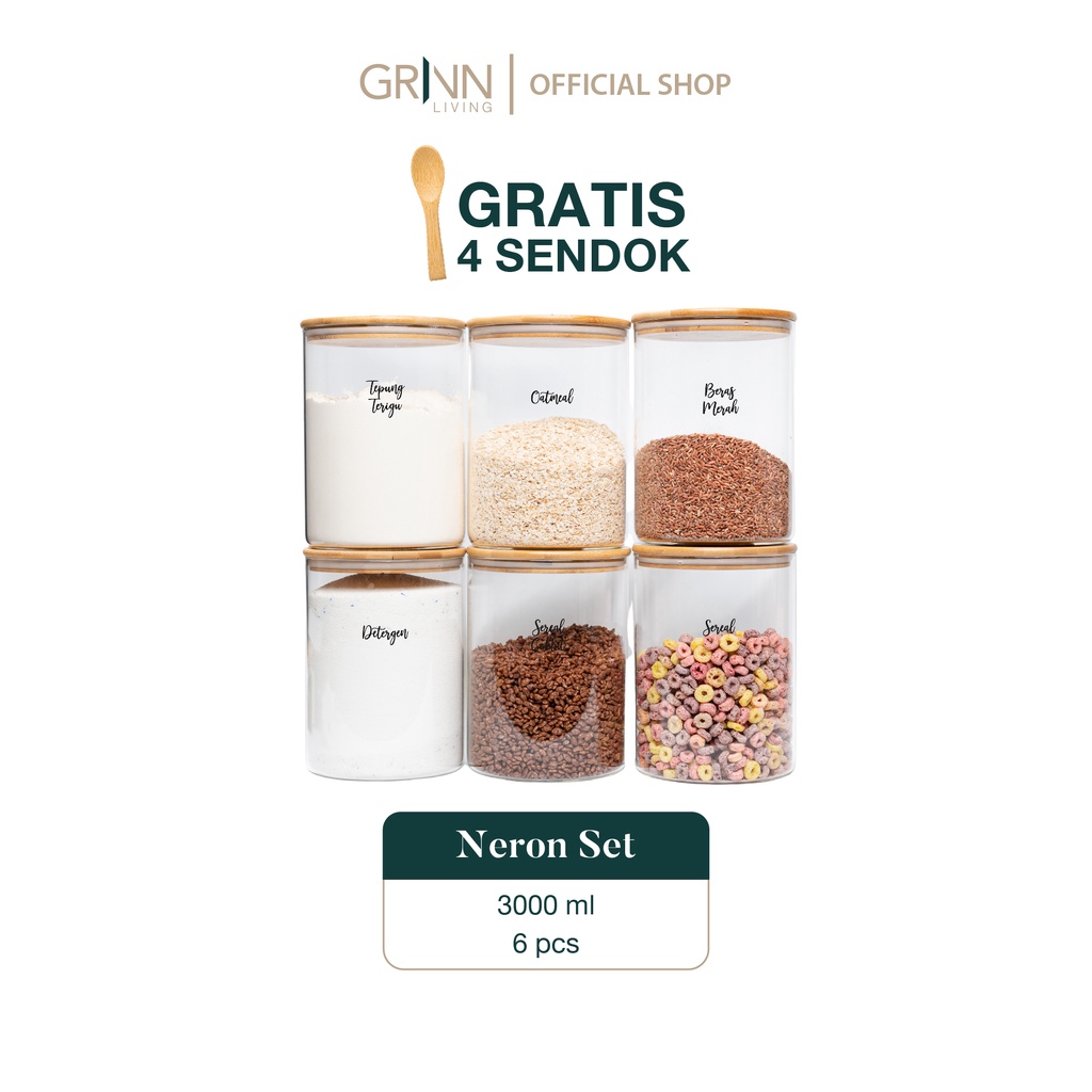 GRINN LIVING  SET PAKET Neron glass Bamboo jar 3000 ml toples tutup bambu kayu / tempat beras