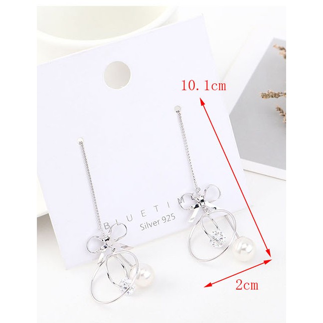 LRC Anting Tusuk Fashion Platinum Tassel Pearl Bow Circle With Diamonds Earrings Y63126