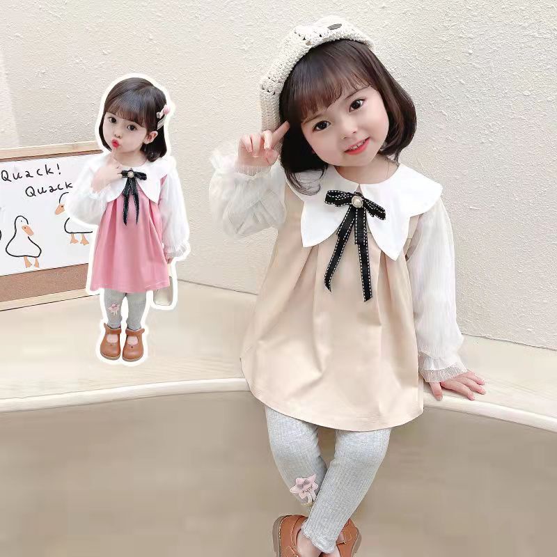 KF CAT Setelan anak perempuan import/ Set anak cewek baju kerah pita + celana legging korea casual style untuk 1 -5 tahun-1
